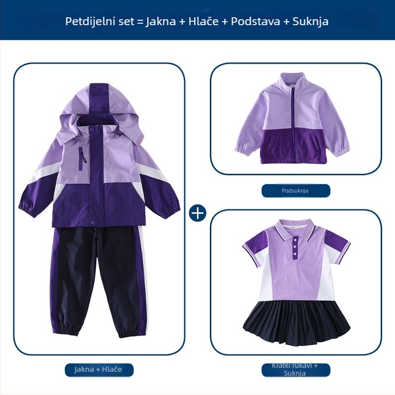 Trodjelni set školske uniforme (jakna + dugački rukavi + hlače), 100% acetat vlakna, unisex, odvojiva kapuljača, za djecu 3–8 godina