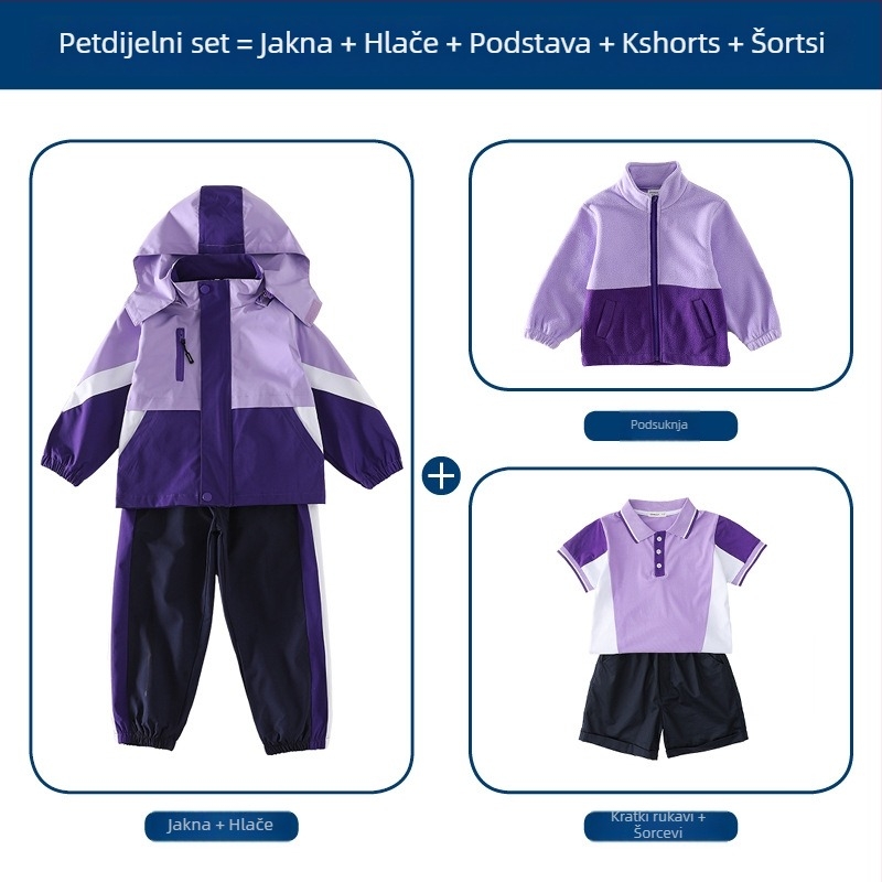 Trodjelni set školske uniforme (jakna + dugački rukavi + hlače), 100% acetat vlakna, unisex, odvojiva kapuljača, za djecu 3–8 godina