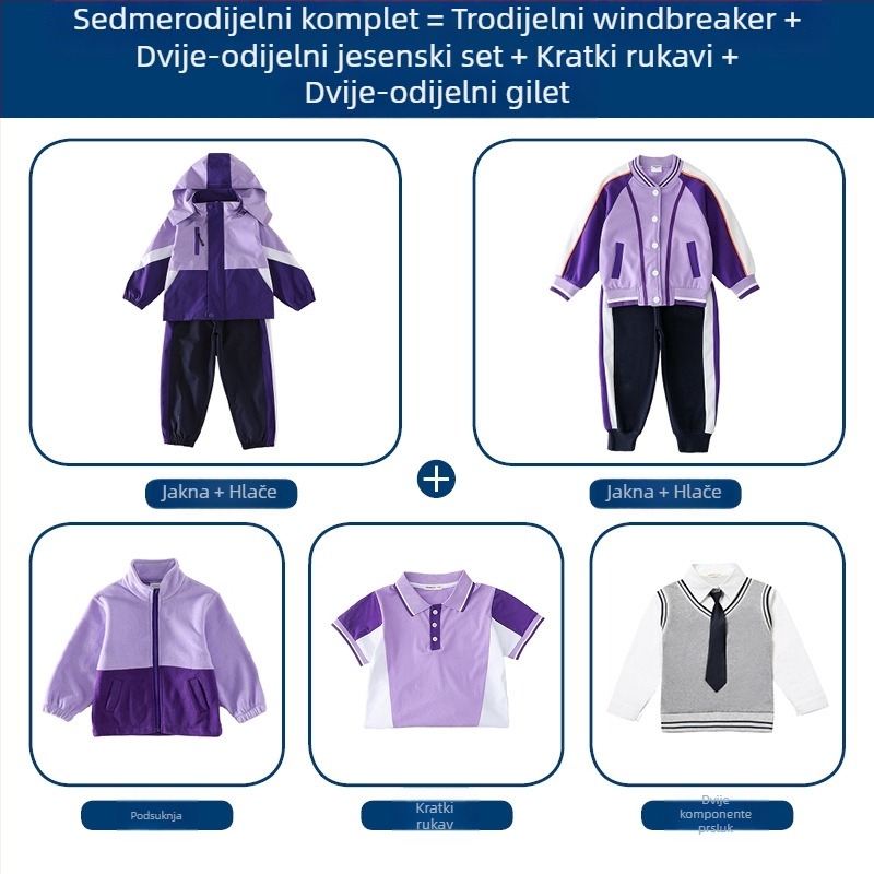 Trodjelni set školske uniforme (jakna + dugački rukavi + hlače), 100% acetat vlakna, unisex, odvojiva kapuljača, za djecu 3–8 godina