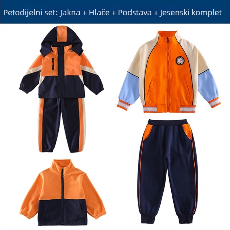 Trodjelni set školske uniforme (jakna + dugački rukavi + hlače), 100% acetat vlakna, unisex, odvojiva kapuljača, za djecu 3–8 godina