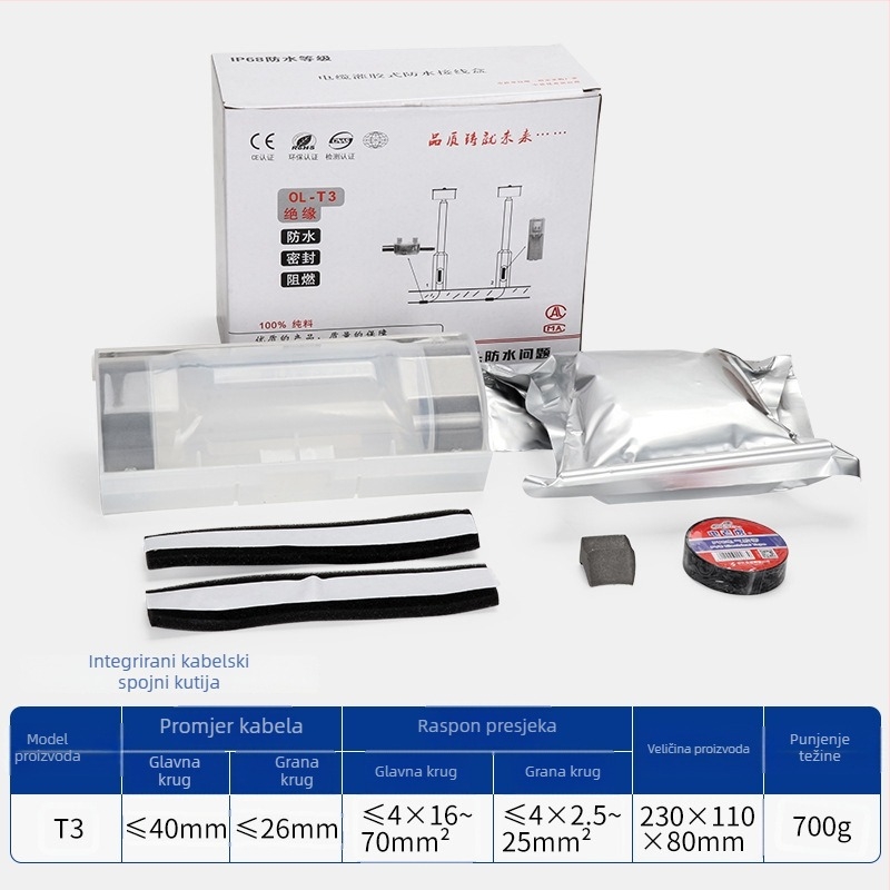 Vodootporna kutija za spajanje s punjenjem ljepilom za vanjske ulične lampe, 1 ulaz, 2 izlaza, izolirana i zaptivena, zaštita od prskanja