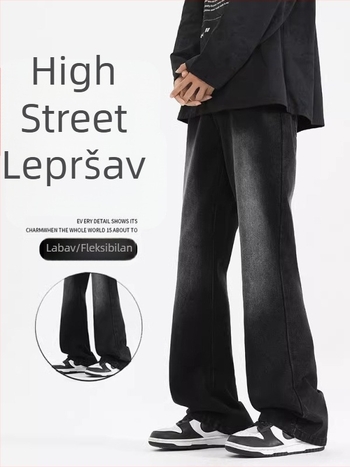 Crne muške traperice s blagim bootcut krojem, casual stil, dugih hlaća za proljeće i jesen, vrhunski američki stil, svestrane za svakodnevno nošenje.