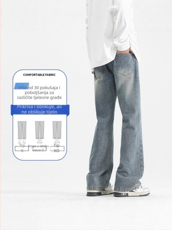 Crne muške traperice s blagim bootcut krojem, casual stil, dugih hlaća za proljeće i jesen, vrhunski američki stil, svestrane za svakodnevno nošenje.