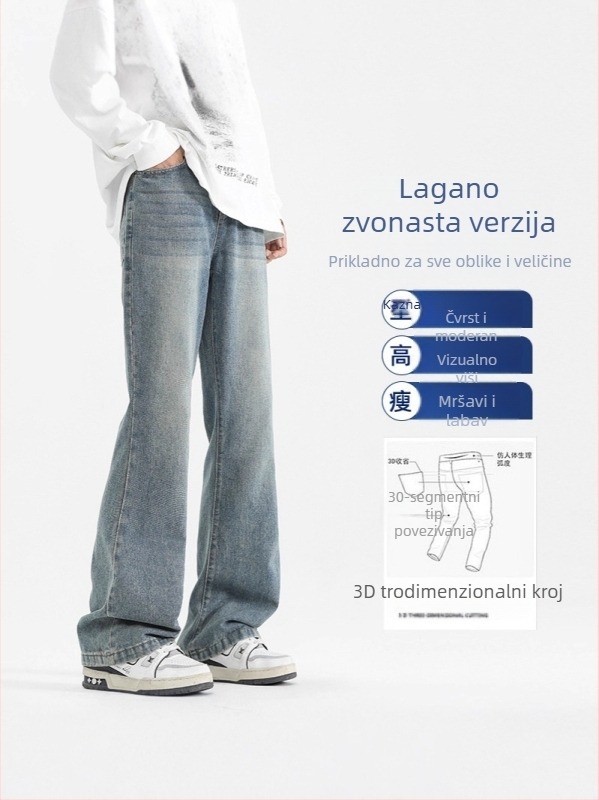 Crne muške traperice s blagim bootcut krojem, casual stil, dugih hlaća za proljeće i jesen, vrhunski američki stil, svestrane za svakodnevno nošenje.