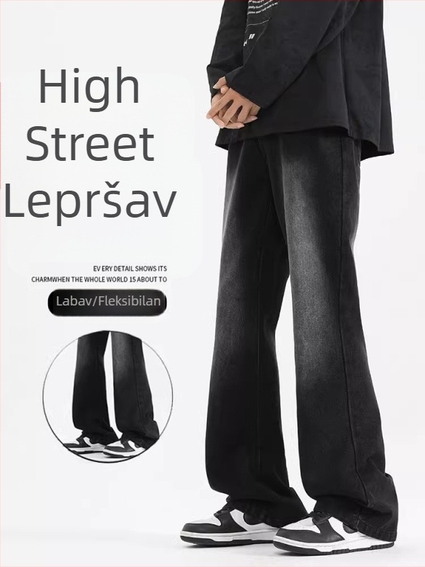 Crne muške traperice s blagim bootcut krojem, casual stil, dugih hlaća za proljeće i jesen, vrhunski američki stil, svestrane za svakodnevno nošenje.