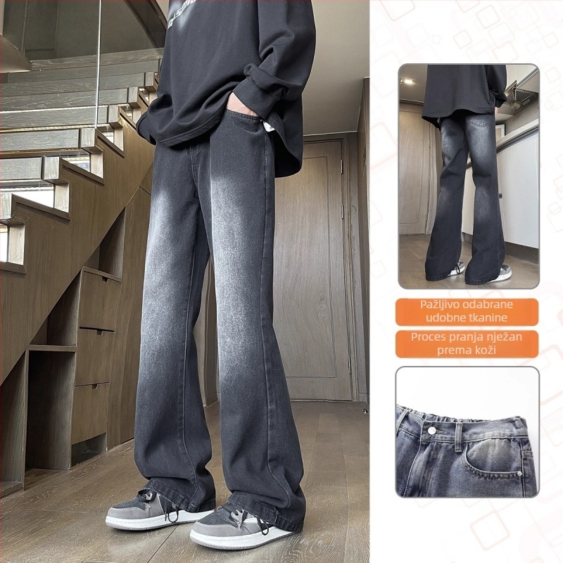 Crne muške traperice s blagim bootcut krojem, casual stil, dugih hlaća za proljeće i jesen, vrhunski američki stil, svestrane za svakodnevno nošenje.