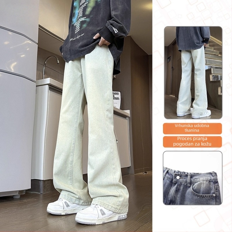 Crne muške traperice s blagim bootcut krojem, casual stil, dugih hlaća za proljeće i jesen, vrhunski američki stil, svestrane za svakodnevno nošenje.