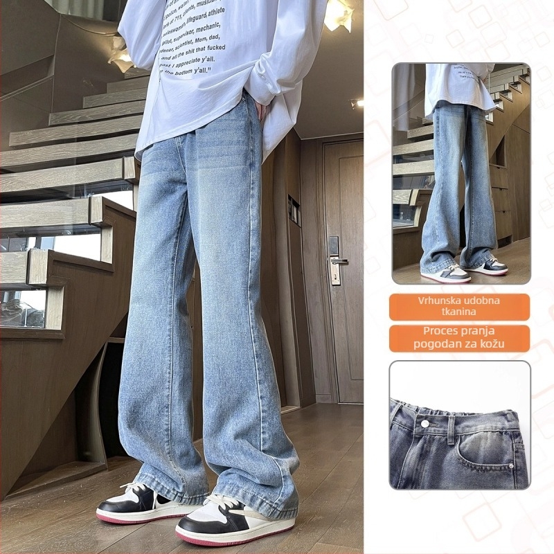 Crne muške traperice s blagim bootcut krojem, casual stil, dugih hlaća za proljeće i jesen, vrhunski američki stil, svestrane za svakodnevno nošenje.