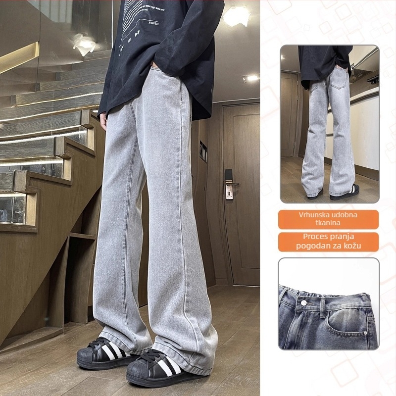 Crne muške traperice s blagim bootcut krojem, casual stil, dugih hlaća za proljeće i jesen, vrhunski američki stil, svestrane za svakodnevno nošenje.