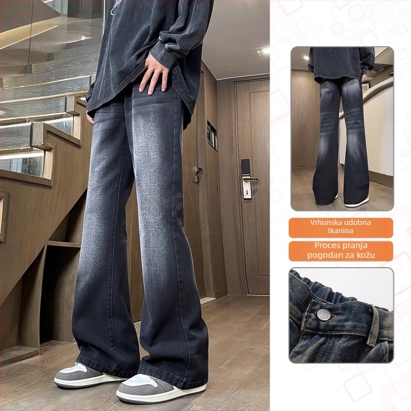 Crne muške traperice s blagim bootcut krojem, casual stil, dugih hlaća za proljeće i jesen, vrhunski američki stil, svestrane za svakodnevno nošenje.