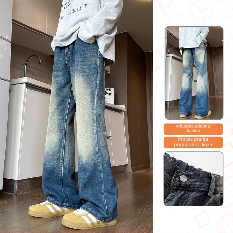 Crne muške traperice s blagim bootcut krojem, casual stil, dugih hlaća za proljeće i jesen, vrhunski američki stil, svestrane za svakodnevno nošenje.