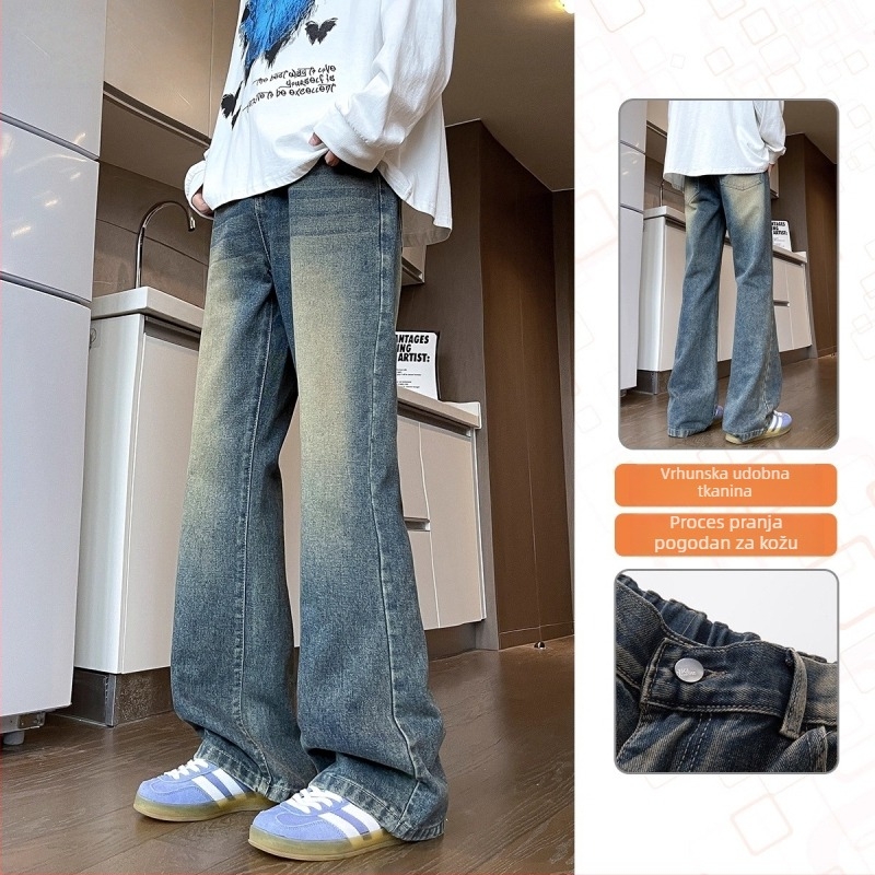 Crne muške traperice s blagim bootcut krojem, casual stil, dugih hlaća za proljeće i jesen, vrhunski američki stil, svestrane za svakodnevno nošenje.