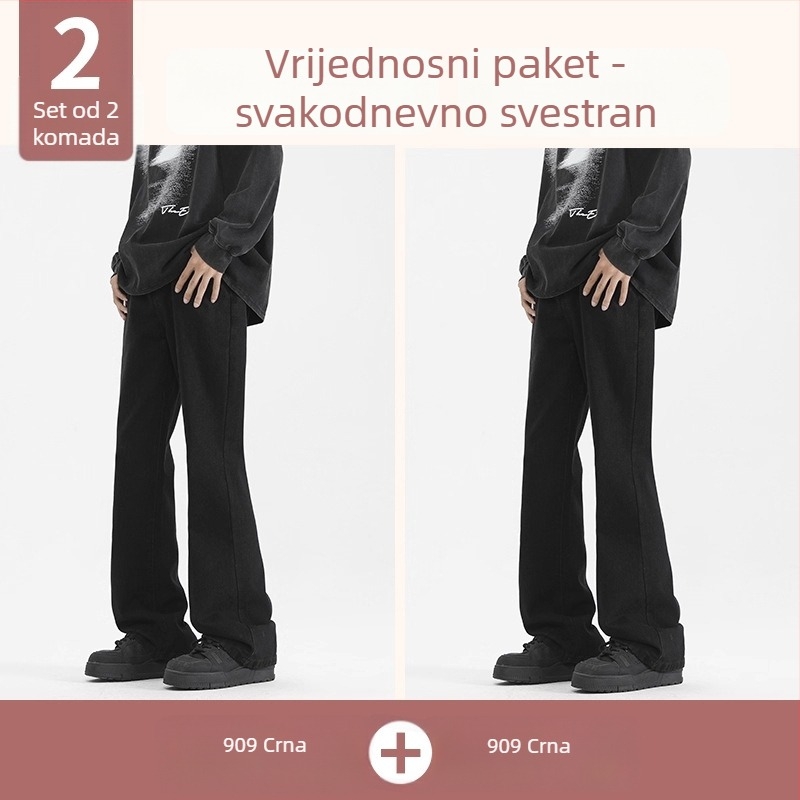 Crne muške traperice s blagim bootcut krojem, casual stil, dugih hlaća za proljeće i jesen, vrhunski američki stil, svestrane za svakodnevno nošenje.