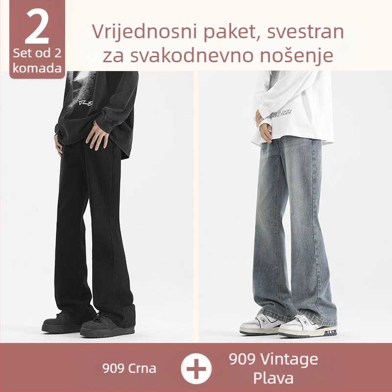 Crne muške traperice s blagim bootcut krojem, casual stil, dugih hlaća za proljeće i jesen, vrhunski američki stil, svestrane za svakodnevno nošenje.
