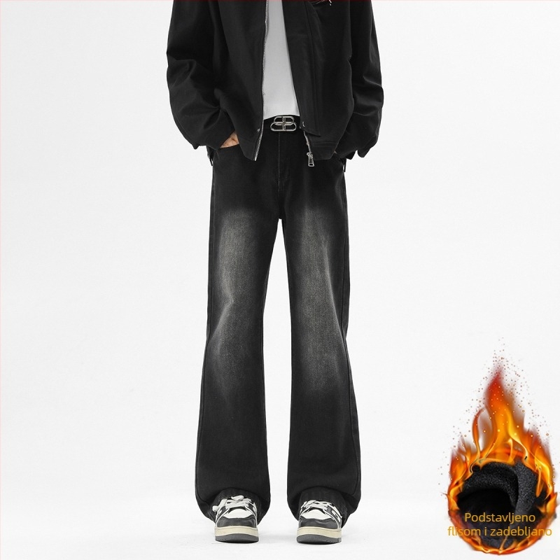 Crne muške traperice s blagim bootcut krojem, casual stil, dugih hlaća za proljeće i jesen, vrhunski američki stil, svestrane za svakodnevno nošenje.