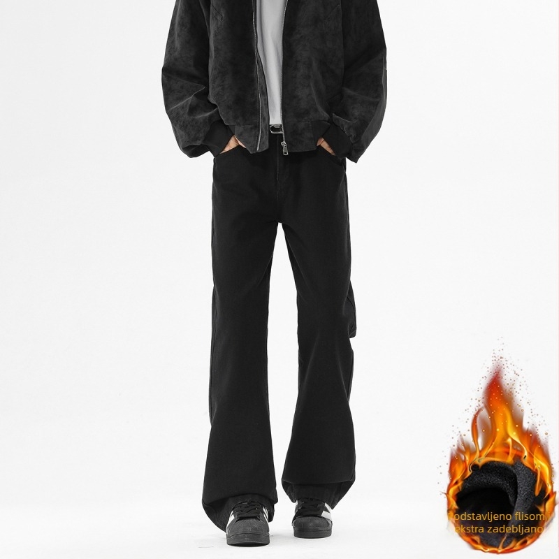 Crne muške traperice s blagim bootcut krojem, casual stil, dugih hlaća za proljeće i jesen, vrhunski američki stil, svestrane za svakodnevno nošenje.