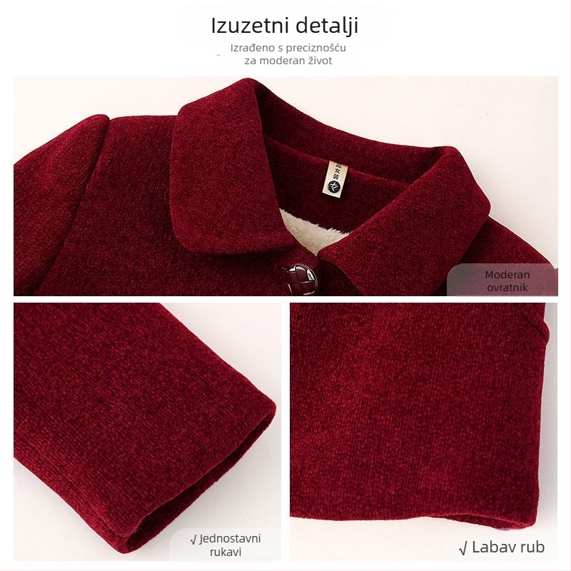 Bijeli zimski pliš kaput za starije žene, komplet toplog gornjeg dijela i hlača s reverom