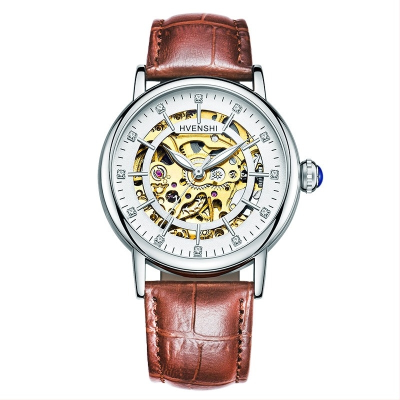 Ženski dvostrani skeleton sat s automatskim mehanizmom, nehrđajući čelični remen, proziran stražnji poklopac, vodootpornost 50 m