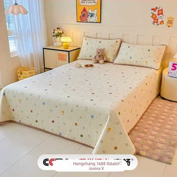 Hongchang Pamukobni prekrivač za krevet, jedan komad, dvostrani, velur mliječne boje s punjenjem, protuklizni, topli set za spavanje