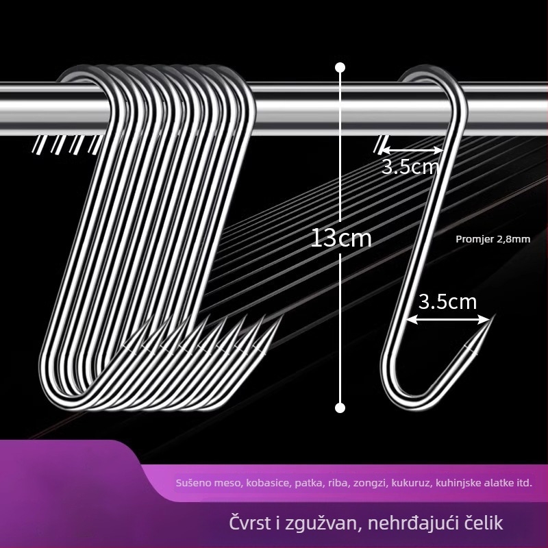 Nerezna čelična S-oblik kuka za meso, za vješanje sušenog mesa, ribe i kobasica, elektrolitska obloga, 170 g, moderni minimalistički stil
