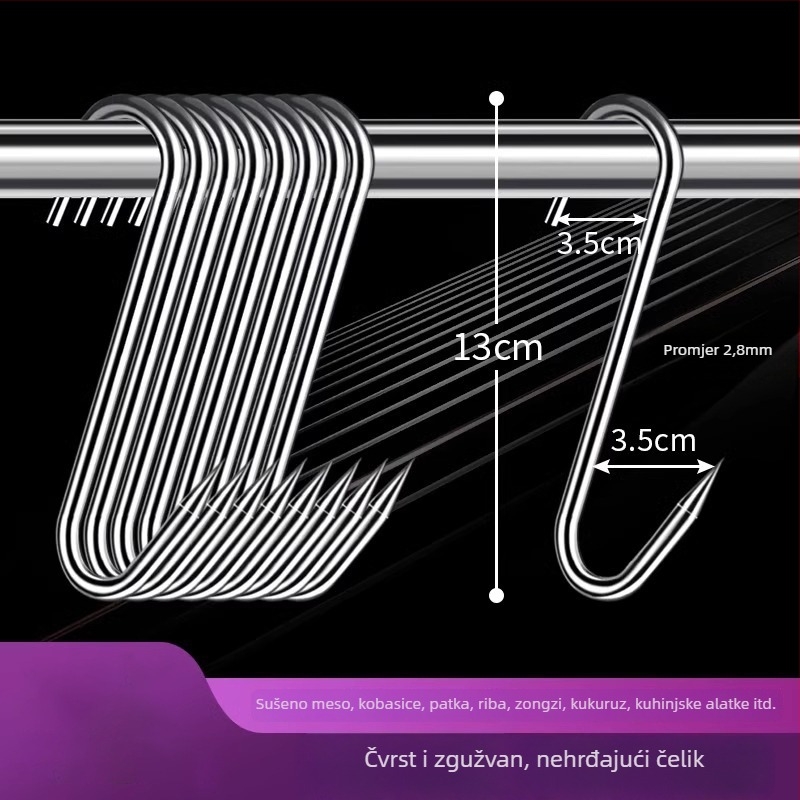 Nerezna čelična S-oblik kuka za meso, za vješanje sušenog mesa, ribe i kobasica, elektrolitska obloga, 170 g, moderni minimalistički stil
