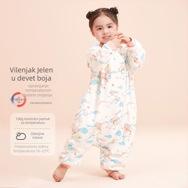 Dječji spavaći vreća s odvojivim rukavima, debela izolacija, tkanina od pamuka 95%+, punilo od vlakana pamuka, pogodno za zimu, proljeće i jesen