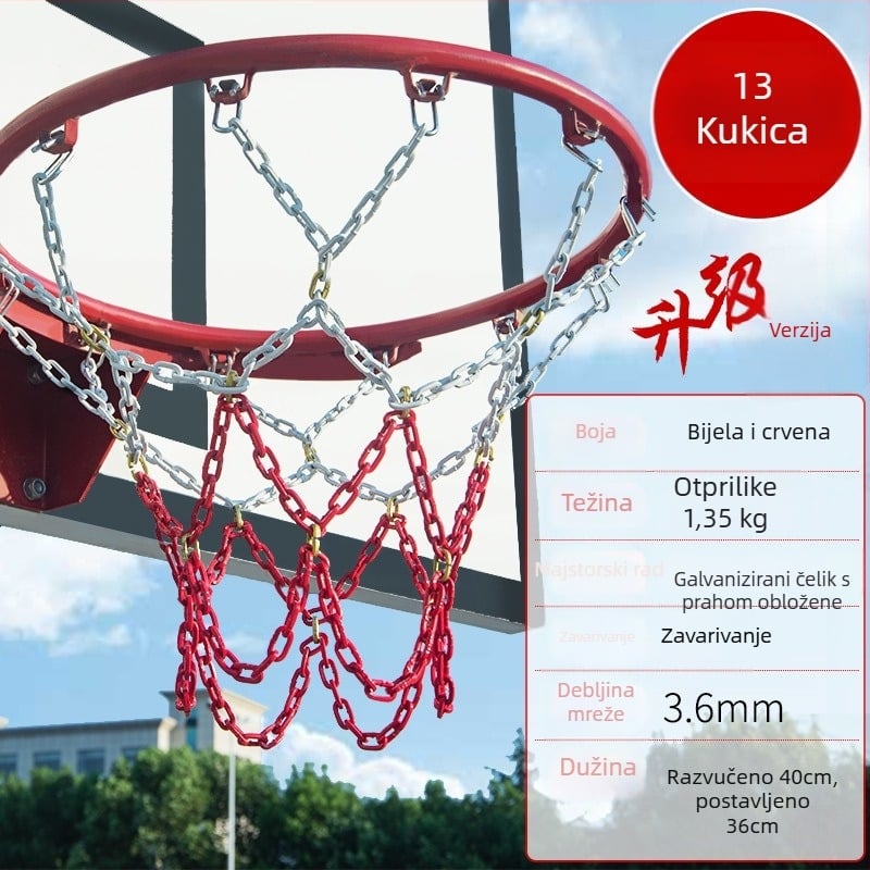 Koš za košarku s mrežom od čelične lanca, ojačana mreža s 13 kukama i metalni okvir s 12 kukama
