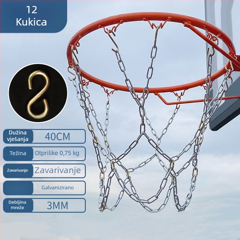 Koš za košarku s mrežom od čelične lanca, ojačana mreža s 13 kukama i metalni okvir s 12 kukama