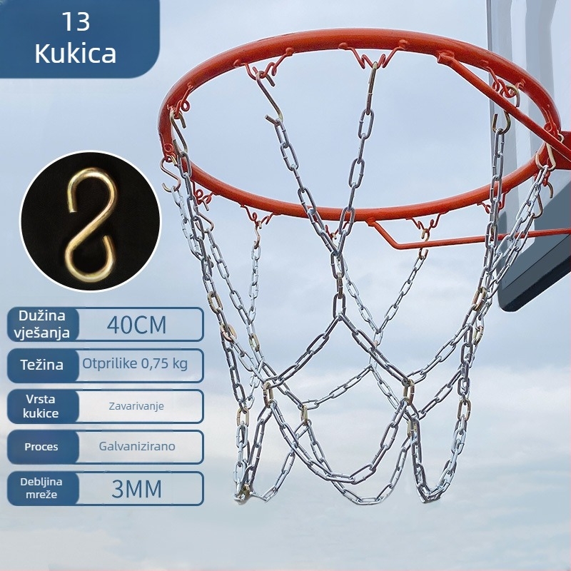 Koš za košarku s mrežom od čelične lanca, ojačana mreža s 13 kukama i metalni okvir s 12 kukama