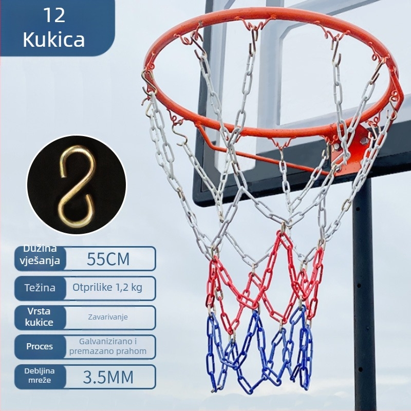Koš za košarku s mrežom od čelične lanca, ojačana mreža s 13 kukama i metalni okvir s 12 kukama