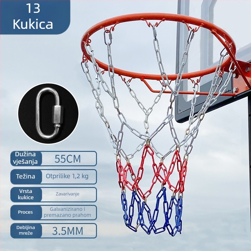 Koš za košarku s mrežom od čelične lanca, ojačana mreža s 13 kukama i metalni okvir s 12 kukama