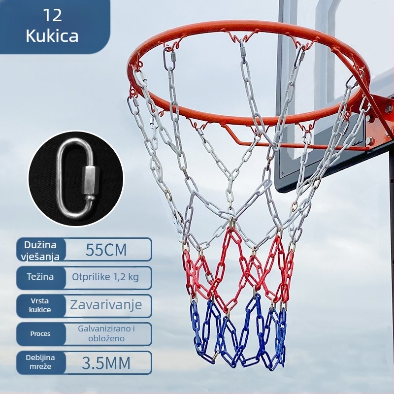 Koš za košarku s mrežom od čelične lanca, ojačana mreža s 13 kukama i metalni okvir s 12 kukama