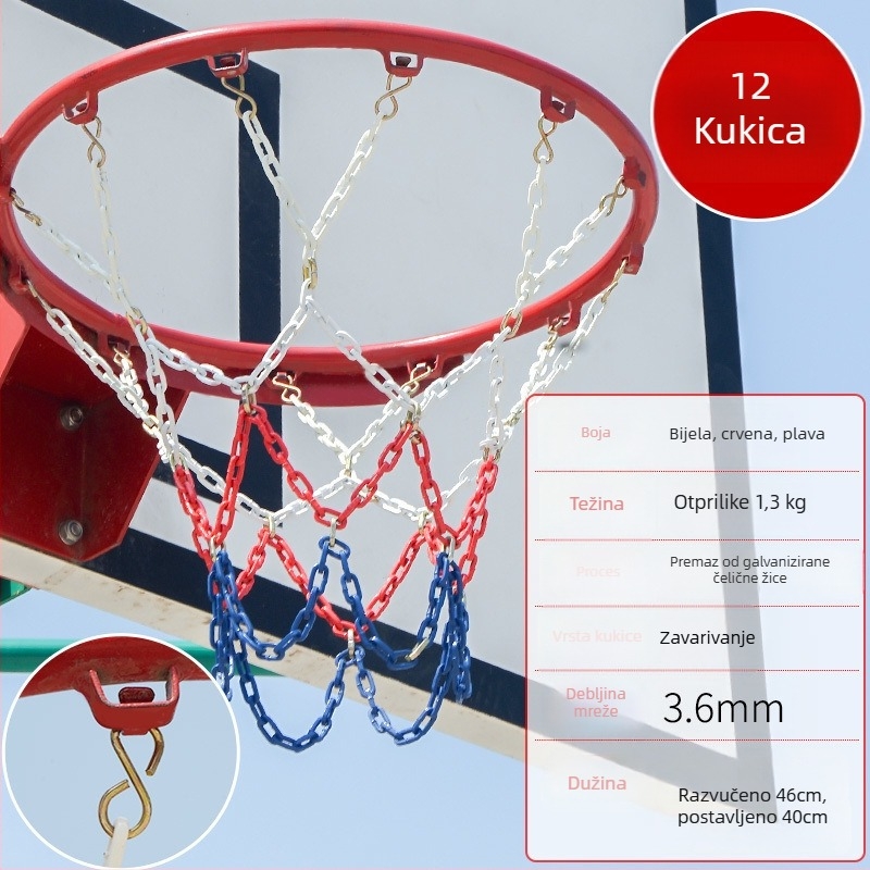 Koš za košarku s mrežom od čelične lanca, ojačana mreža s 13 kukama i metalni okvir s 12 kukama