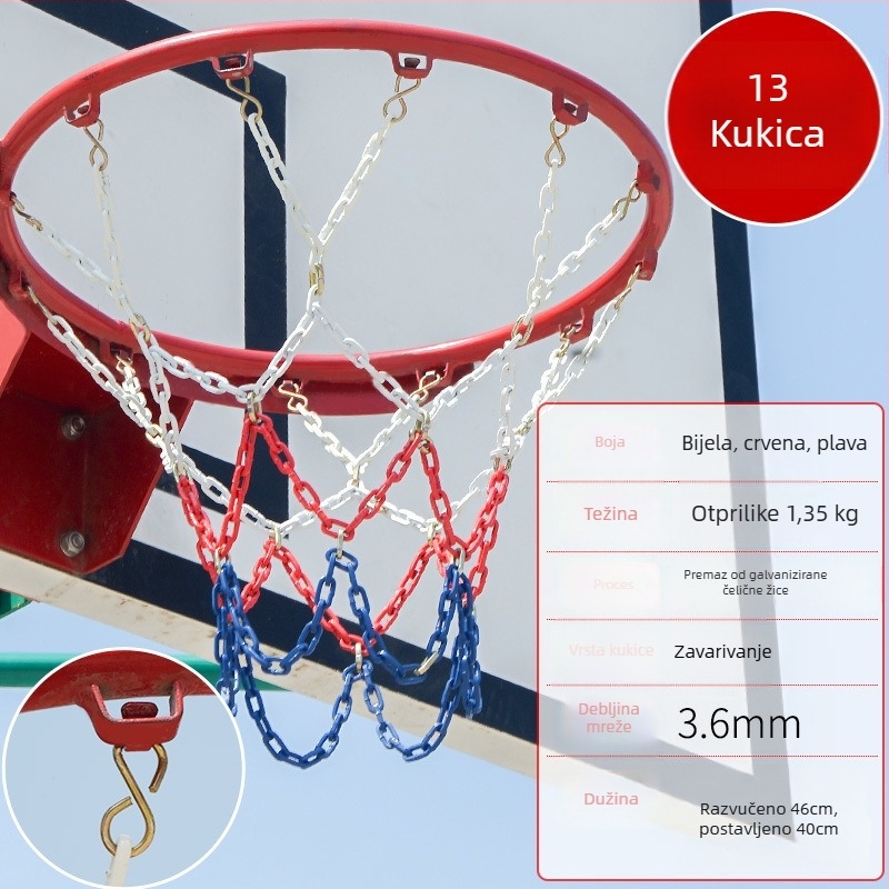 Koš za košarku s mrežom od čelične lanca, ojačana mreža s 13 kukama i metalni okvir s 12 kukama