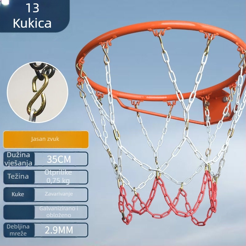 Koš za košarku s mrežom od čelične lanca, ojačana mreža s 13 kukama i metalni okvir s 12 kukama