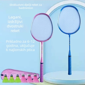 Dječja badminton raketa, karbonski okvir, vlaknaste žice, težina 95–100 g, umjerena tvrdoća