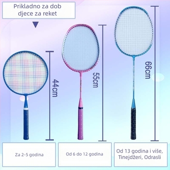 Dječja badminton raketa, karbonski okvir, vlaknaste žice, težina 95–100 g, umjerena tvrdoća