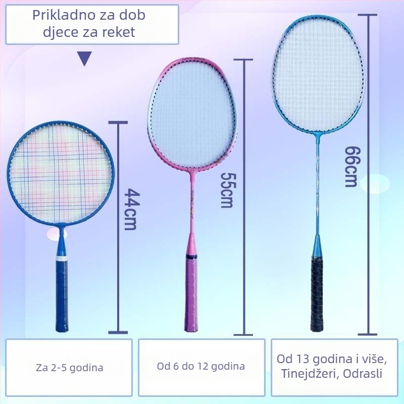 Dječja badminton raketa, karbonski okvir, vlaknaste žice, težina 95–100 g, umjerena tvrdoća