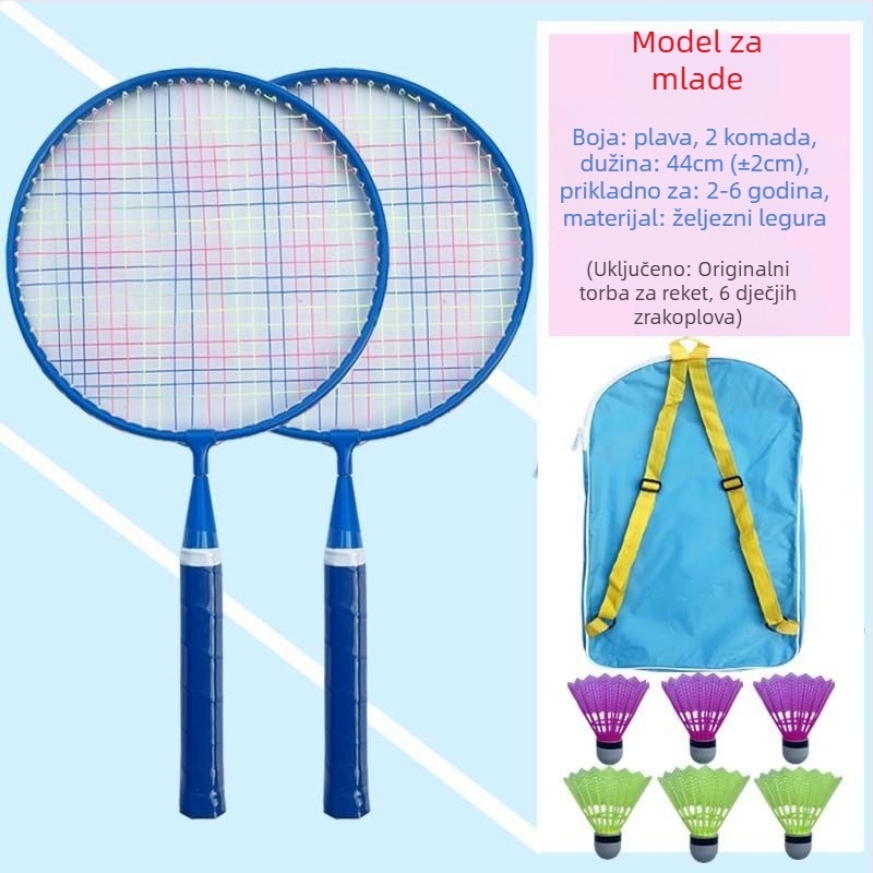 Dječja badminton raketa, karbonski okvir, vlaknaste žice, težina 95–100 g, umjerena tvrdoća