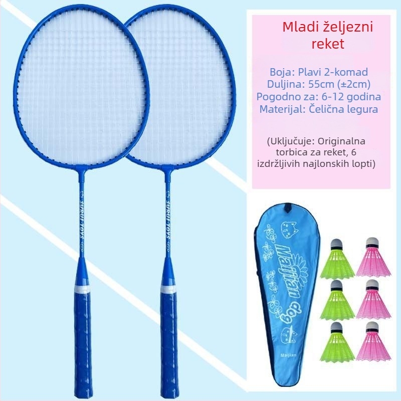 Dječja badminton raketa, karbonski okvir, vlaknaste žice, težina 95–100 g, umjerena tvrdoća