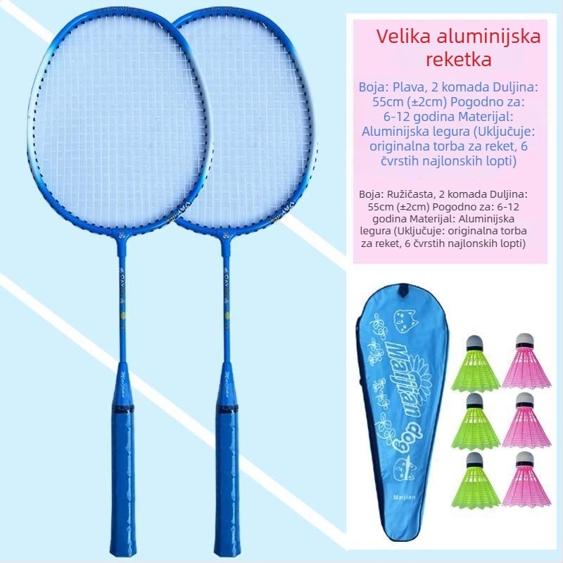 Dječja badminton raketa, karbonski okvir, vlaknaste žice, težina 95–100 g, umjerena tvrdoća