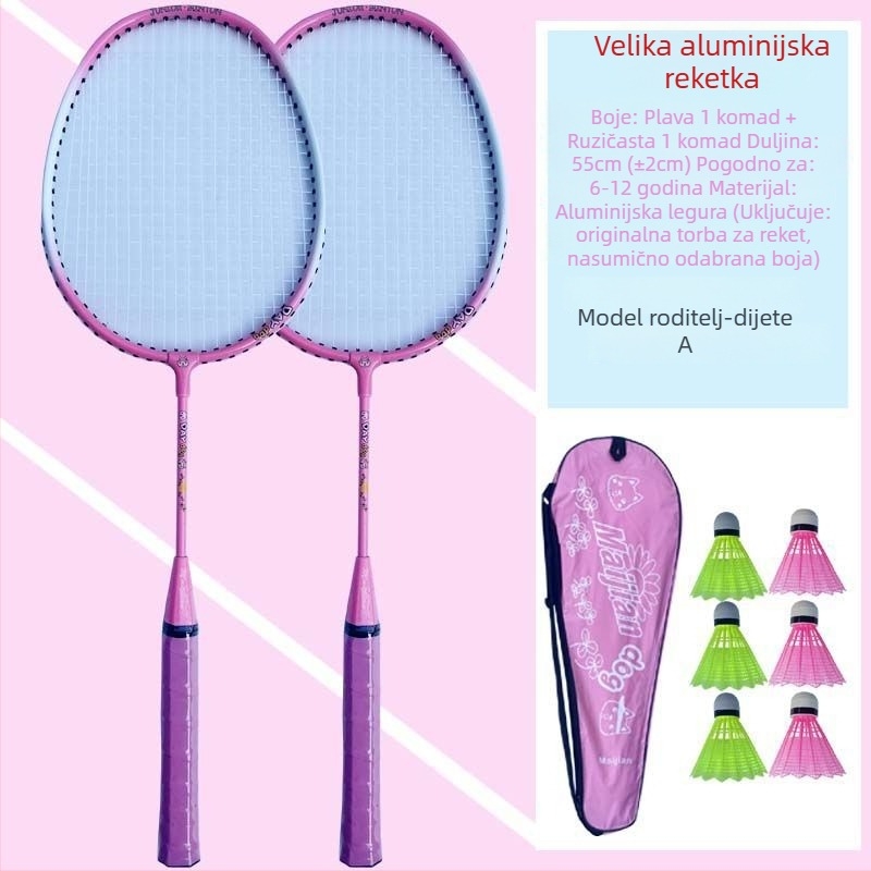 Dječja badminton raketa, karbonski okvir, vlaknaste žice, težina 95–100 g, umjerena tvrdoća