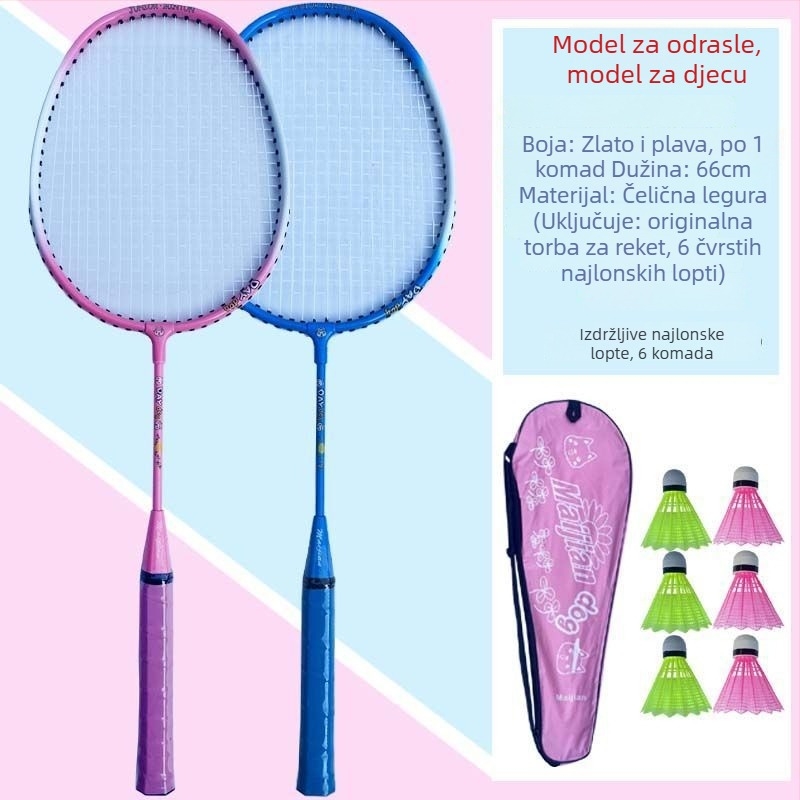 Dječja badminton raketa, karbonski okvir, vlaknaste žice, težina 95–100 g, umjerena tvrdoća