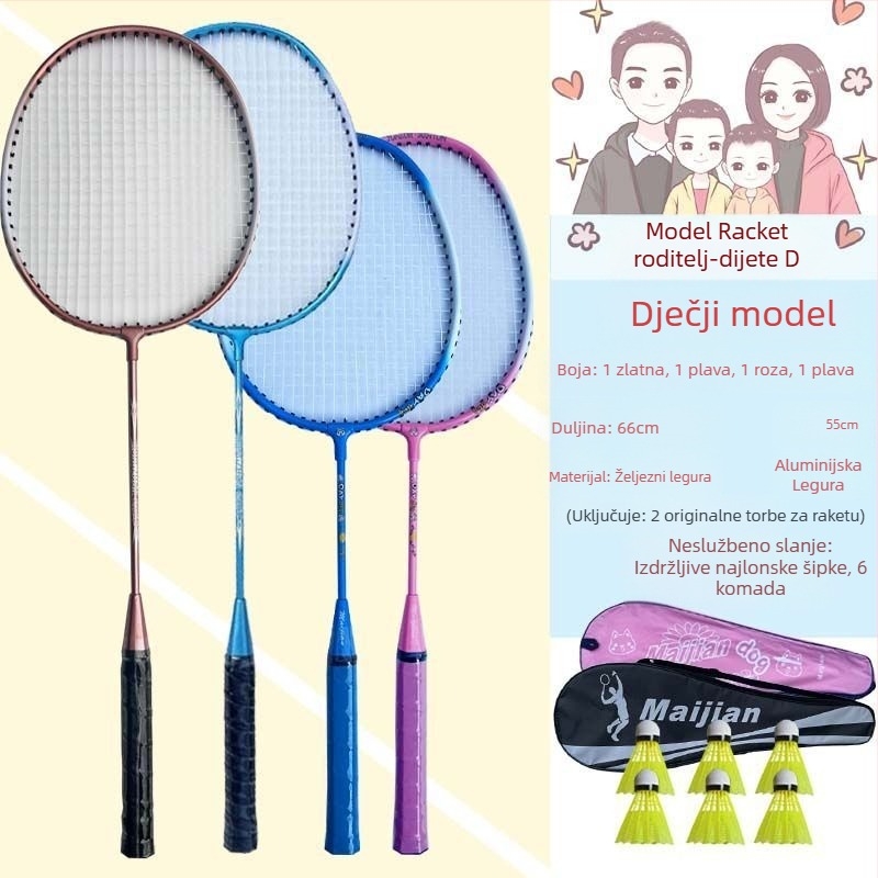 Dječja badminton raketa, karbonski okvir, vlaknaste žice, težina 95–100 g, umjerena tvrdoća