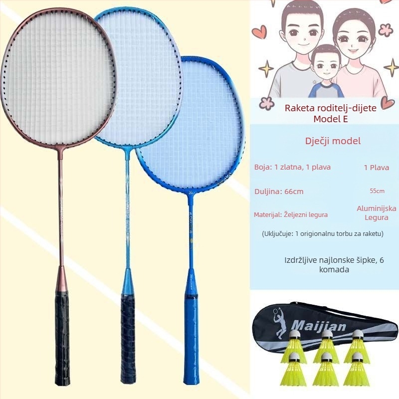 Dječja badminton raketa, karbonski okvir, vlaknaste žice, težina 95–100 g, umjerena tvrdoća