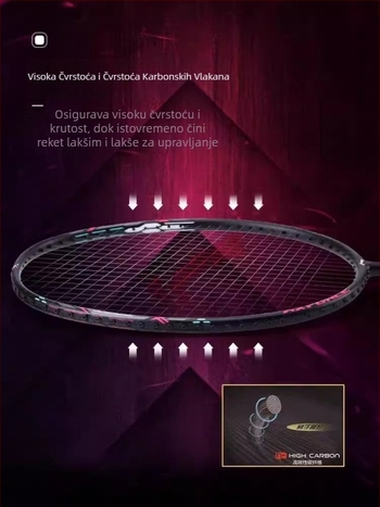 Li-Ning badminton reketa – okvir od karbonskih vlakana, težina 80–84 g, drška G5, tip reketa: pravolinijski, pogodna za amatere i srednje napredne, za badminton i stolni tenis