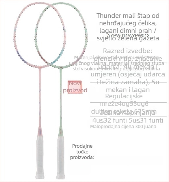 Li-Ning badminton reketa – okvir od karbonskih vlakana, težina 80–84 g, drška G5, tip reketa: pravolinijski, pogodna za amatere i srednje napredne, za badminton i stolni tenis