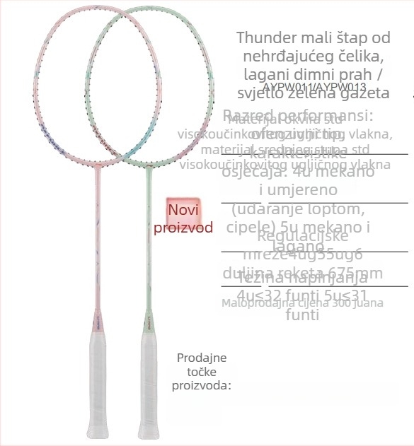 Li-Ning badminton reketa – okvir od karbonskih vlakana, težina 80–84 g, drška G5, tip reketa: pravolinijski, pogodna za amatere i srednje napredne, za badminton i stolni tenis