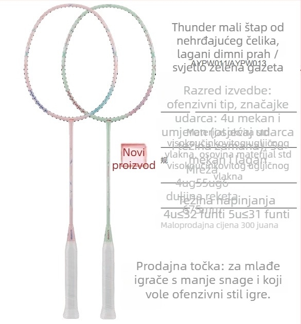 Li-Ning badminton reketa – okvir od karbonskih vlakana, težina 80–84 g, drška G5, tip reketa: pravolinijski, pogodna za amatere i srednje napredne, za badminton i stolni tenis