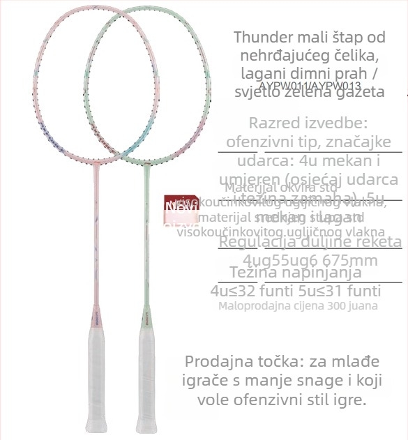 Li-Ning badminton reketa – okvir od karbonskih vlakana, težina 80–84 g, drška G5, tip reketa: pravolinijski, pogodna za amatere i srednje napredne, za badminton i stolni tenis